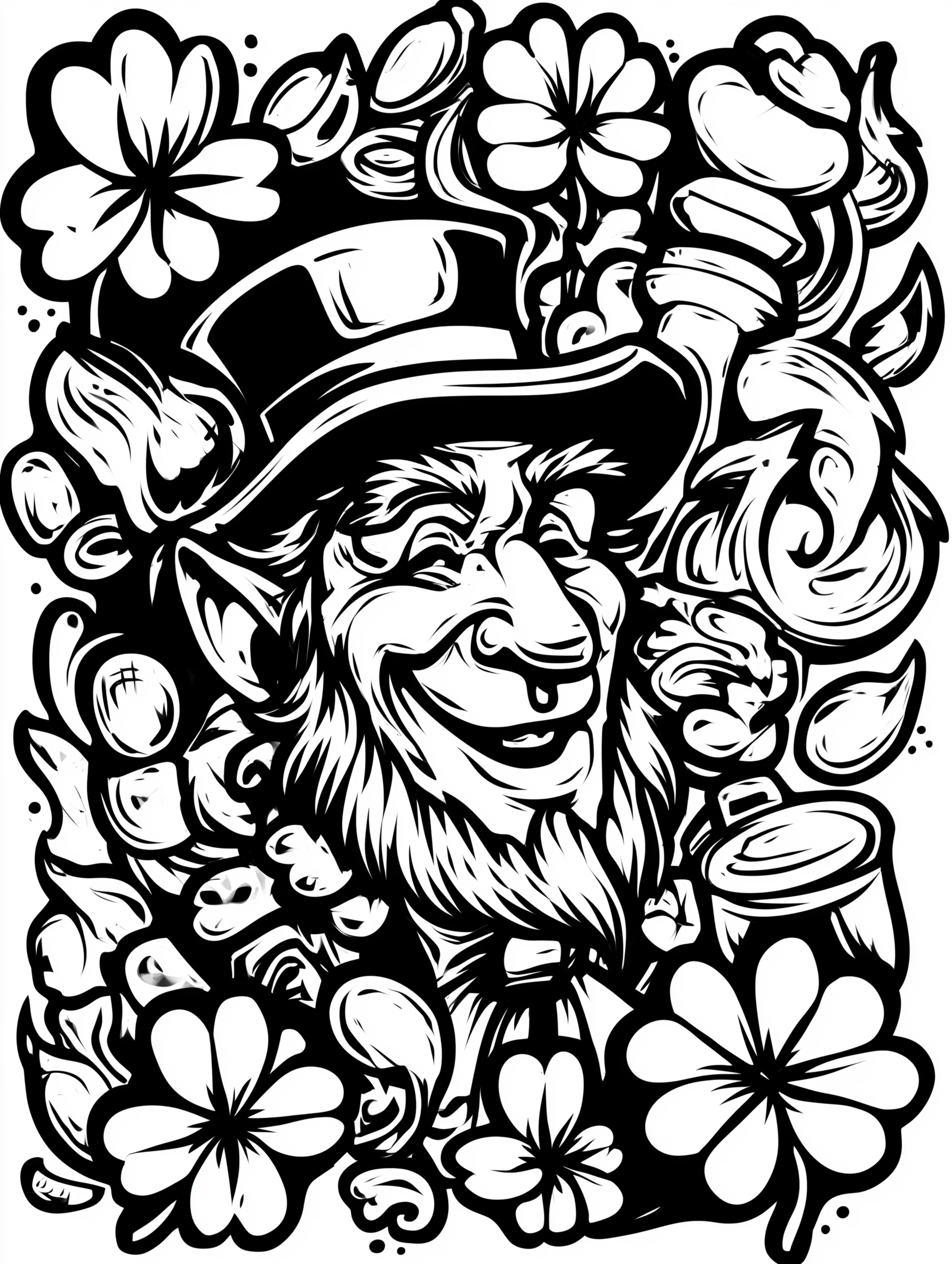 Free printable St Patricks Day coloring page for adults featuring a leprechaun with four leaf clovers